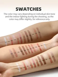 Detailed view of 12-color pearlescent eyeshadow stick swatches on skin for easy shade comparison.