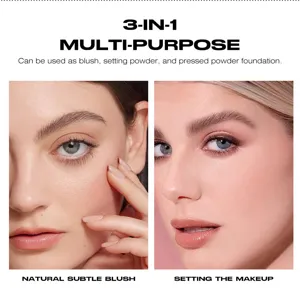 3-in-1 multi-purpose makeup powder for blush, setting powder, and pressed powder foundation.