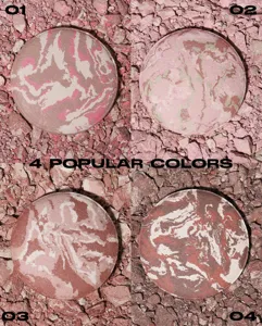 Detailed view of four popular colors baked marble powder blushes with smooth texture for makeup.