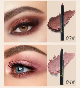 Close-up detail of shimmering eyeshadow stick, color swatch and eye makeup effect shades 03# 04#