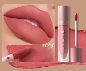 Dettaglio di rossetto liquido opaco vellutato, campione di texture liscia e pennello morbido.