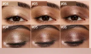 Liquid eyeshadow detail view showing sparkling metallic shimmer shades #04 to #06 on eyes.