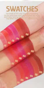 Detailed arm swatches showing six vibrant shades of the creamy dual-use lip and cheek product.