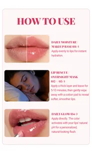 Lip balm application guide showing daily moisture, overnight mask and color-changing glow steps.
