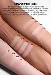 Detailed makeup swatch showing four baked powder foundation shades on multiple skin tones.