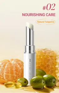 Detail shot of hydrating fruit lip balm, nourishing tangerine care texture and smooth formula.
