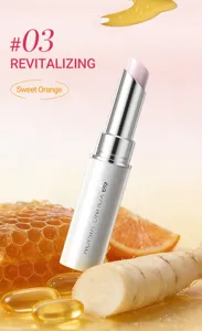 Detail view of Young Vision sweet orange moisturizing lip balm tube and natural ingredients.