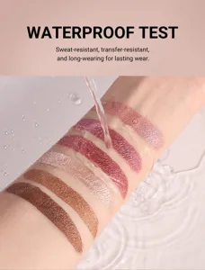 Liquid eyeshadow waterproof test swatch showing metallic shimmer shades and long wear formula.