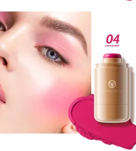 Close-up detail shot of creamy pocket blush stick in shade 04 with smooth texture application.
