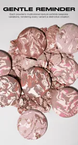 Baked powder compact detail, multicolored marbled texture, smooth makeup setting finish.