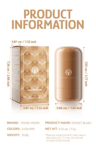 Detailed view of the pocket blush, compact size with clear dimensions and detailed specs.