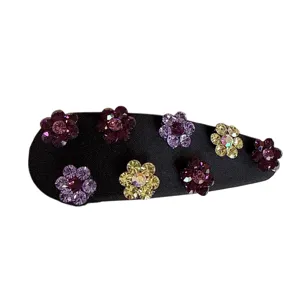 Black satin rhinestone flower snap hair clip for women vintage crystal side bangs pins