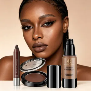 Detail shot of 4-piece makeup set including foundation, lipstick, and compact powder.