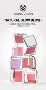 Young Vision natural glow blush palette, soft matte powder, smooth texture, 7 stunning shades.