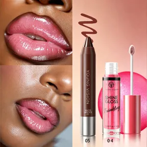 Dettagli trucco lucidalabbra e rossetto opaco con finitura brillante e colore ricco.