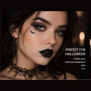 Gothic black lipstick makeup detail view with stunning Halloween dark aesthetic and spooky vibe.