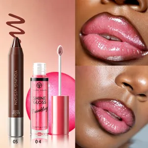 YOUNG VISION set trucco con rossetto opaco e lucidalabbra brillante per sfumare le labbra.