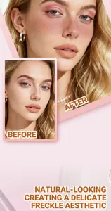 Detail view of makeup effect showing freckle pen application, natural and delicate look.