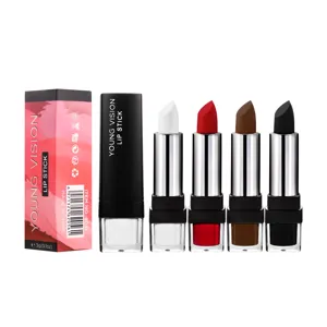 Matte lipstick detail showing 4 unique colors including white, red, brown, and black.