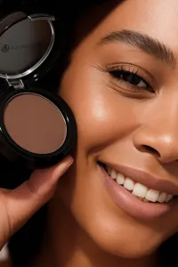 Matte bronzer contour powder compact close-up showing smooth velvety texture and natural finish.