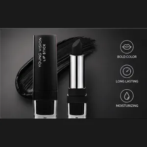 Matte black lipstick detail, bold color payoff, long-lasting moisturizing velvet formula.
