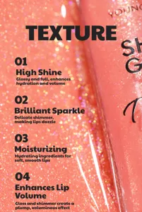 Glossy lip gloss detail featuring high shine, brilliant sparkle, and moisturizing formula.