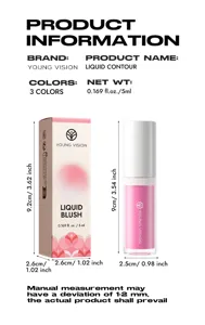 Flüssiges Rouge und Konturproduktdetailansicht mit Verpackungsgrößenmessungen und Farboptionen.