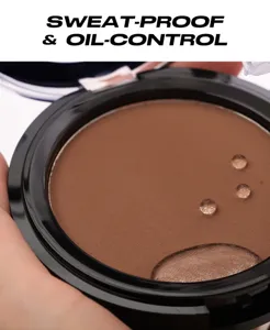 Matte bronzer powder compact closeup showing waterproof texture and smooth brown finish.