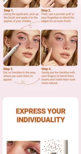 Detail view of dual-ended blush and freckle pen showing step-by-step makeup application.