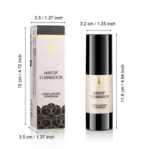 YOUNG VISION Fluessige Foundation Flasche und Verpackung Detail mit genauen Massangaben.