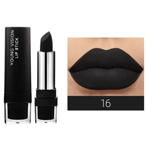 Matte black lipstick detail view, velvet long-lasting makeup shade 16 for cosplay party use.