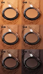 Detailed view of matte contour powder in multiple shades with compact round transparent casing.