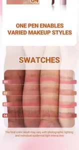 Detailed makeup swatch showing four shades of liquid blush and freckle pens on different skin.