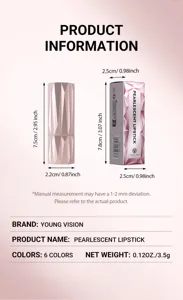 Vista dettagliata delle dimensioni e delle specifiche del rossetto perlato con confezione.