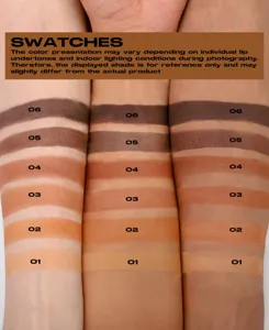 Matte contour powder swatch chart showing shades 01 to 06 on various skin tones clearly.