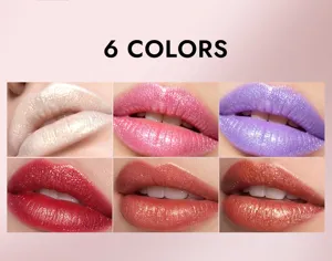 6 couleurs rouge à lèvres nacré détails montrant des effets de maquillage brillants.
