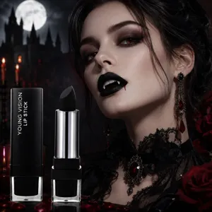 Black matte lipstick, vampire gothic style, smooth velvet texture, long-lasting bold color lip makeup.