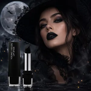 YOUNG VISION matte black lipstick detail shot, velvet non-stick cup for Halloween makeup.
