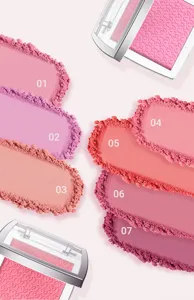 YOUNG VISION matte pressed powder blush detail view showcasing 7 vibrant color shades.