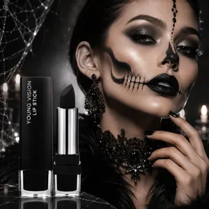 Detailed view of the black matte velvet lipstick featuring sleek packaging and gothic makeup.
