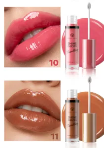 Lip gloss detail view featuring high shine finish, precise doe-foot applicator, and rich shades.