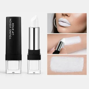 White matte lipstick detail showing smooth texture, lip swatch and arm swatch for makeup.