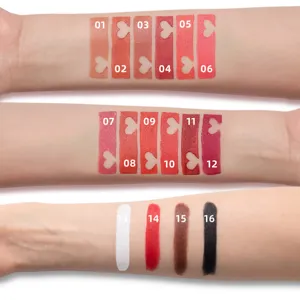 Matte velvet lipstick arm swatches showing shade numbers 01 to 16 for makeup reference.