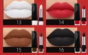 Matte velvet lipstick in 4 bold shades, highly pigmented long-lasting formula.