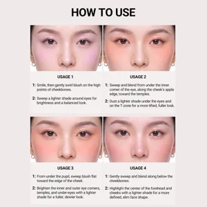 Step-by-step blush application guide and makeup tutorial featuring a professional Asian model.