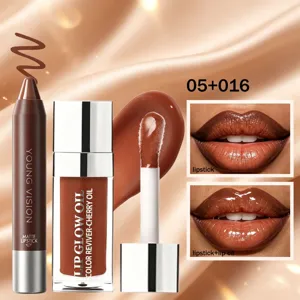 Kit huile à lèvres YOUNG VISION, crayon contour chocolat et rouge à lèvres mat brillant.
