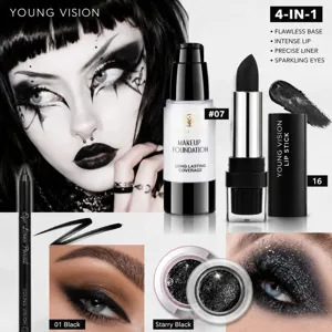 Young Vision 4-in-1 black makeup set including foundation, lipstick, eyeliner and glitter.