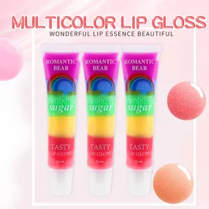 Multicolor lip gloss set featuring three tubes with vibrant rainbow design and glossy finish.