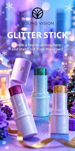 Glitter stick detail showing vibrant sparkling colors and smooth texture for festive makeup look.