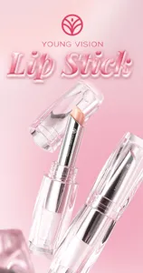 Close up detail of translucent pink moisturizing lipstick tube with glossy finish and clear cap.